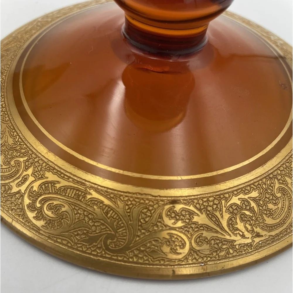 Vtg. Amber Glass Candle Holders Candlestick Pair Gold Encrusted Base Trim 1920's
